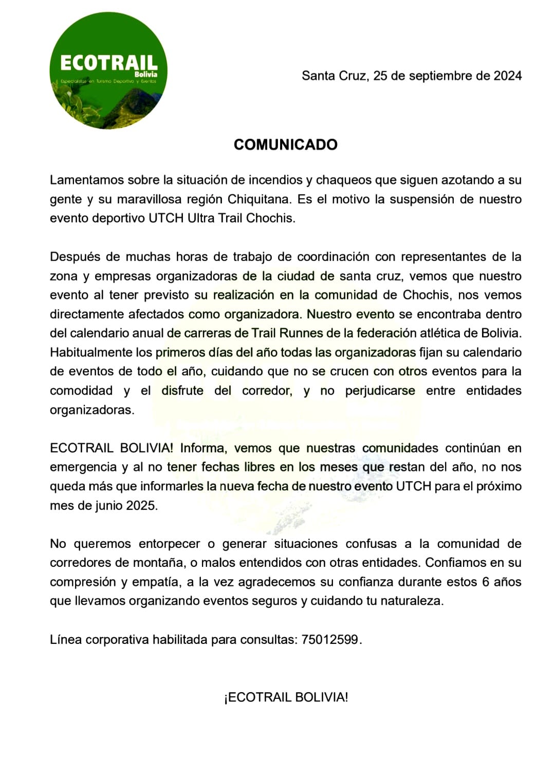 Comunicado UltraTrail Chochis