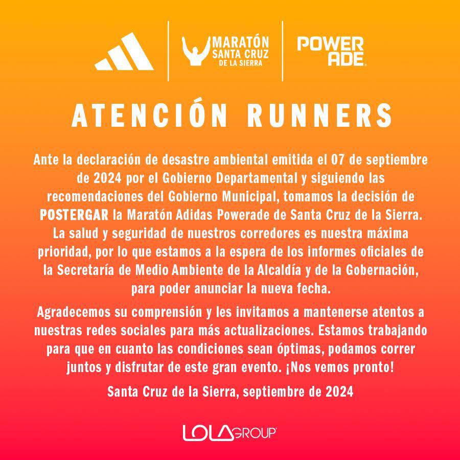 Comunicado - Suspensión Maratón de Santa Cruz de la Sierra